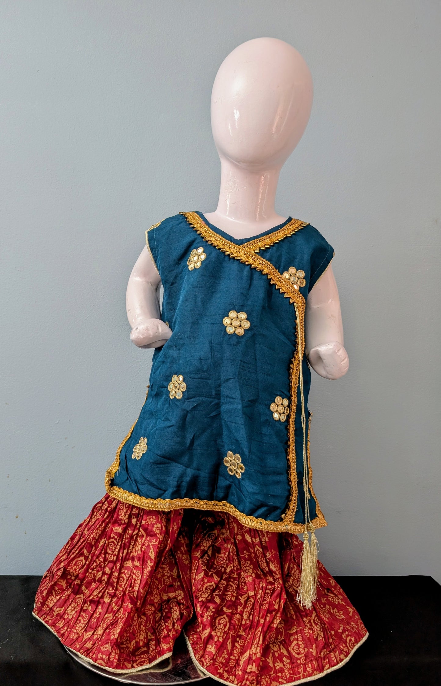 Girls dark teal and red contrast crushed gharara set (sleeves included but not attached)