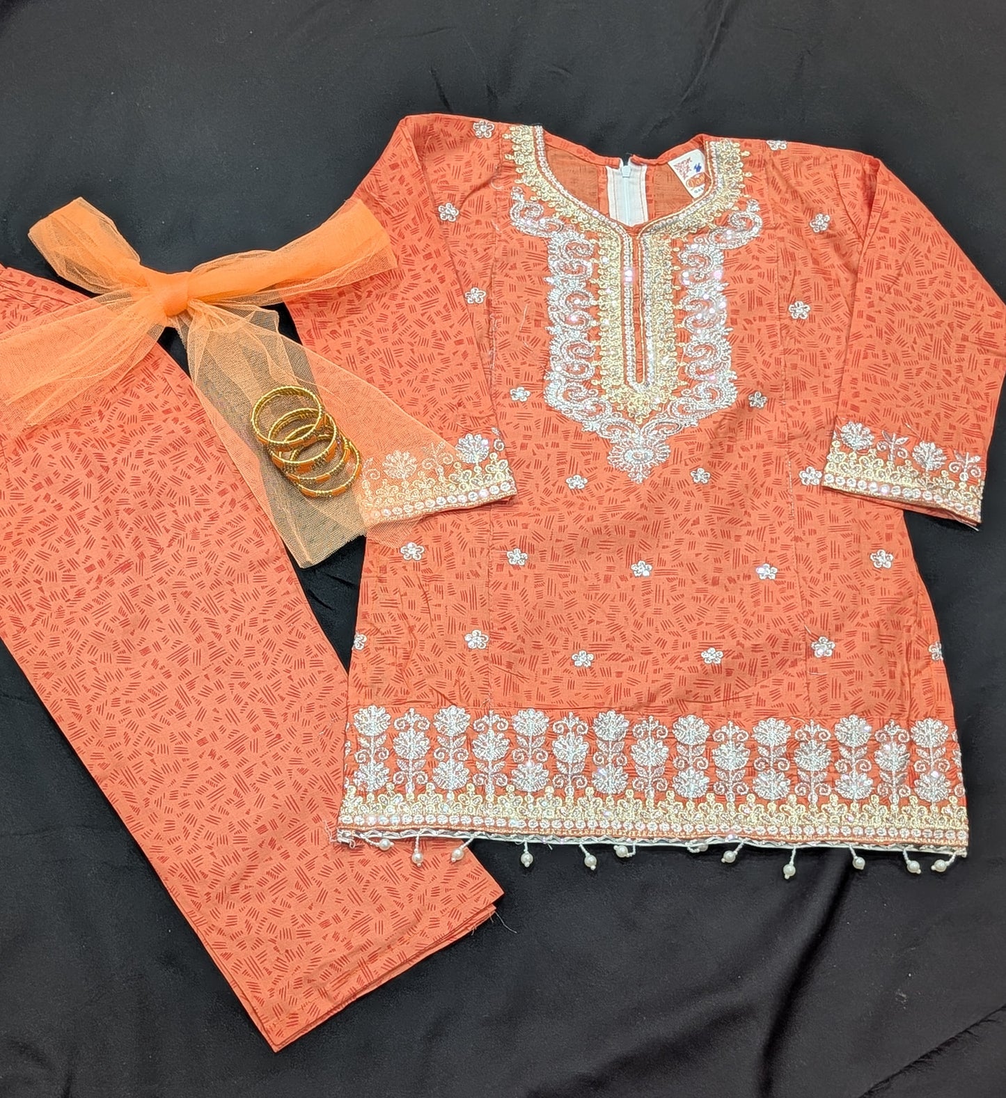 Girls cotton embroidered shirt with matching trouser and net dupatta