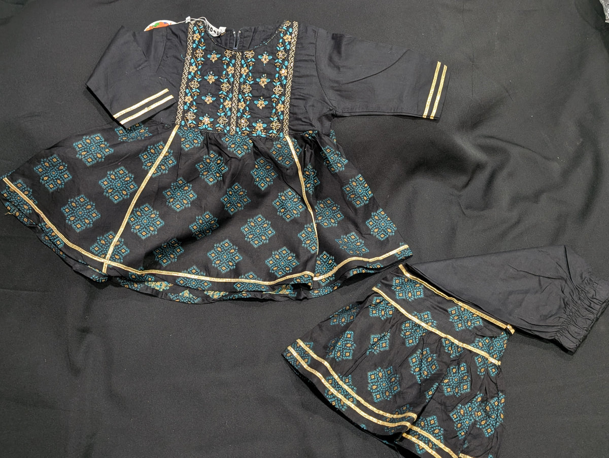 Girls' cotton self-printed embroidered and gotta work frocks and gharara sets (available in two colors).