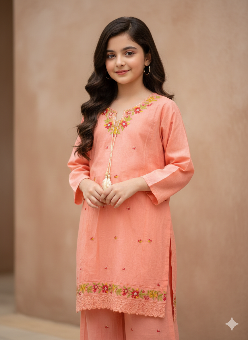 Girls cotton embroidered kurta with embroidered loose pants