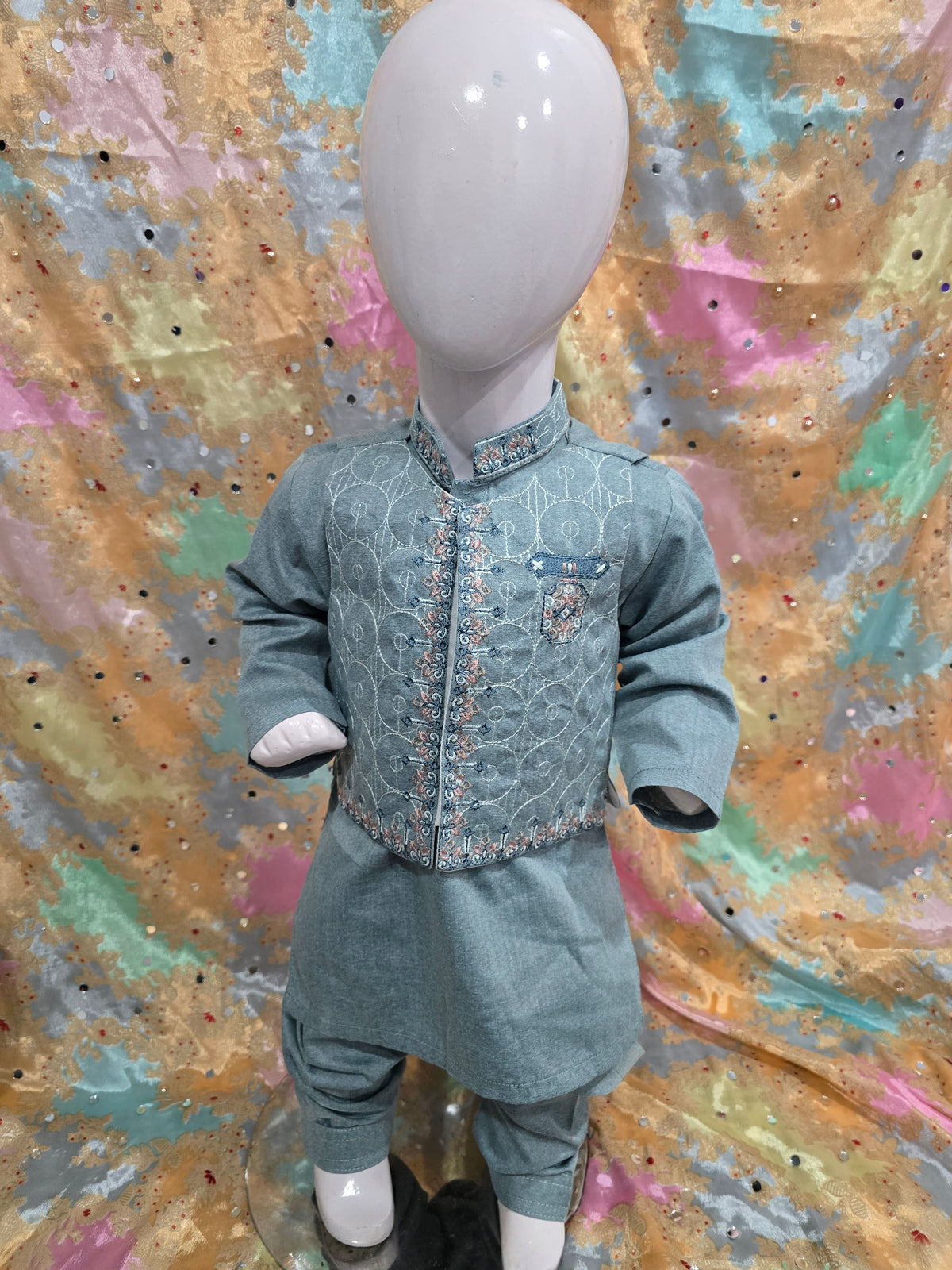 Infant viscose embroidered kurta pyjama with embroidered waistcoat