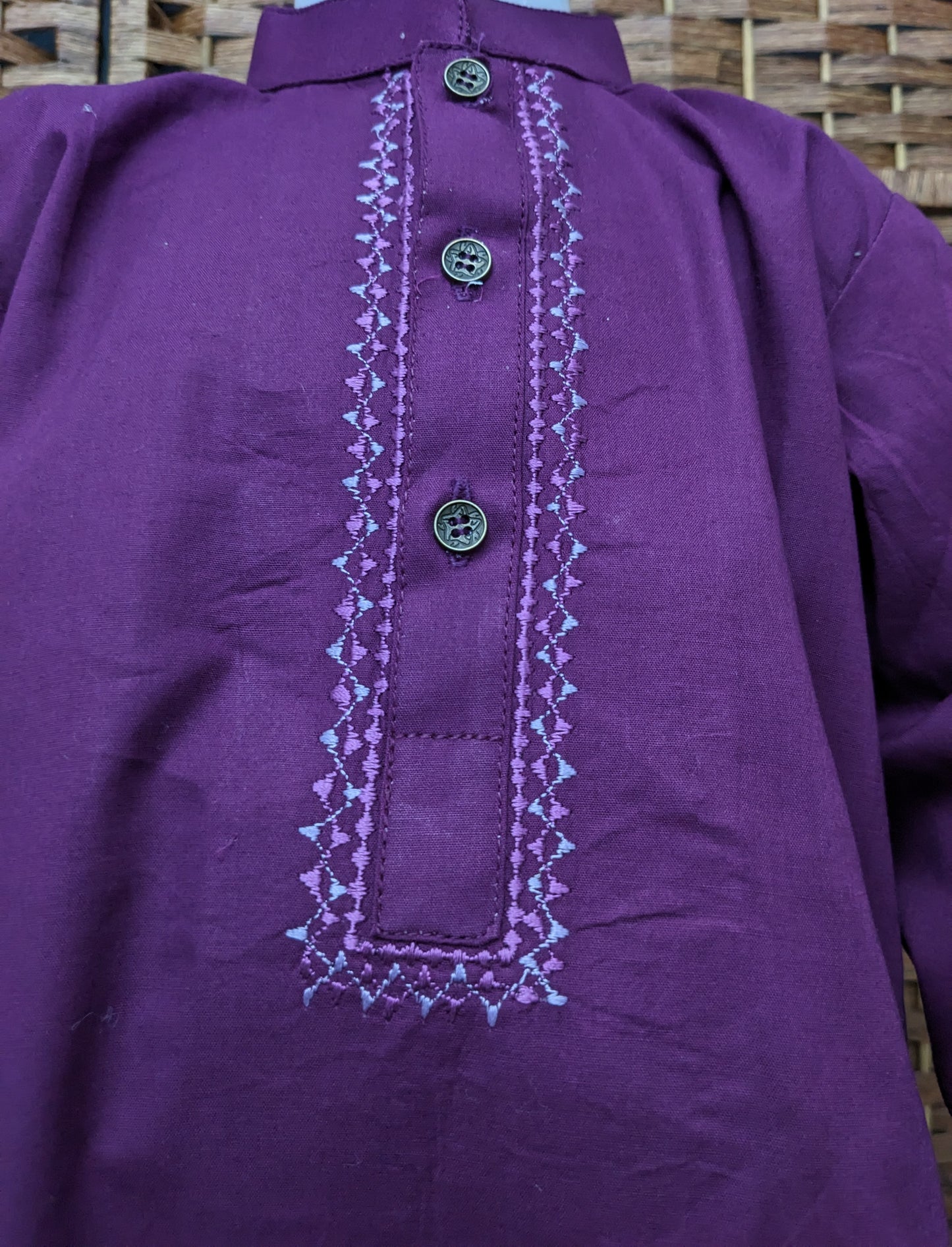 Boys purple embroidered cotton kurta with white trouser