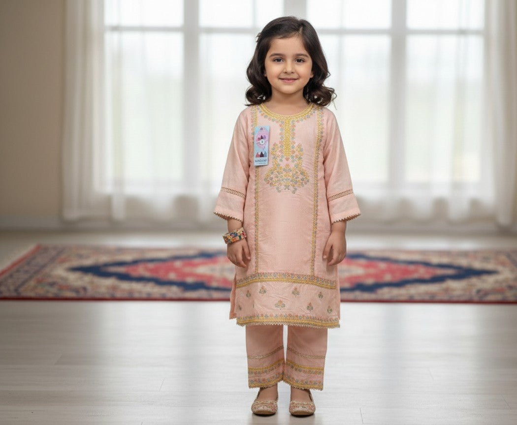 Girls peach lawn embroidered kurta with matching embroidered trouser