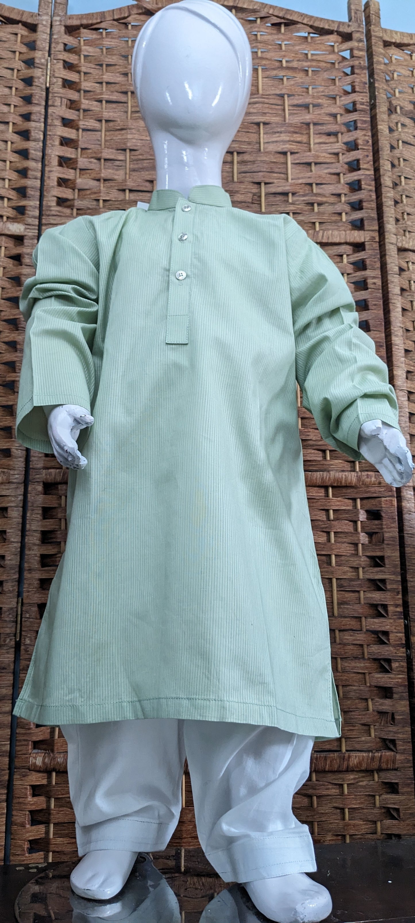 Boys sea foam green self print cotton kurta with white trouser