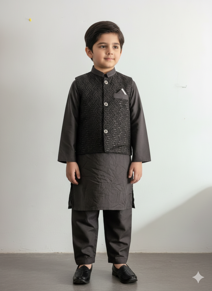 Boys black kurta pajama with matching sequences work waistcoat