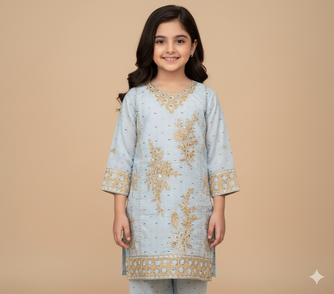 Girls cotton self pattern and embroidered Kurta with matching pants