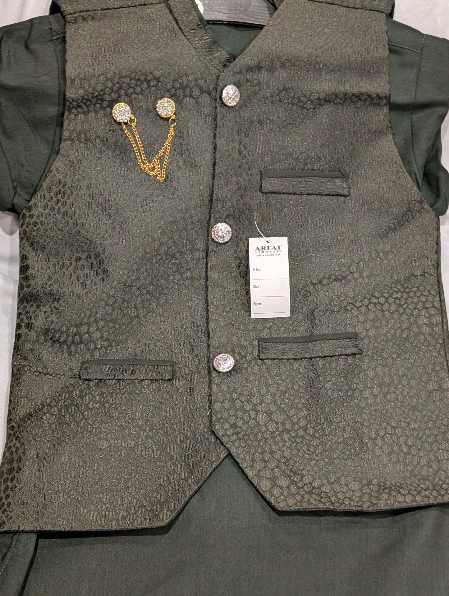 Boys' bottle green kurta pyjama set with a jamawar waistcoat