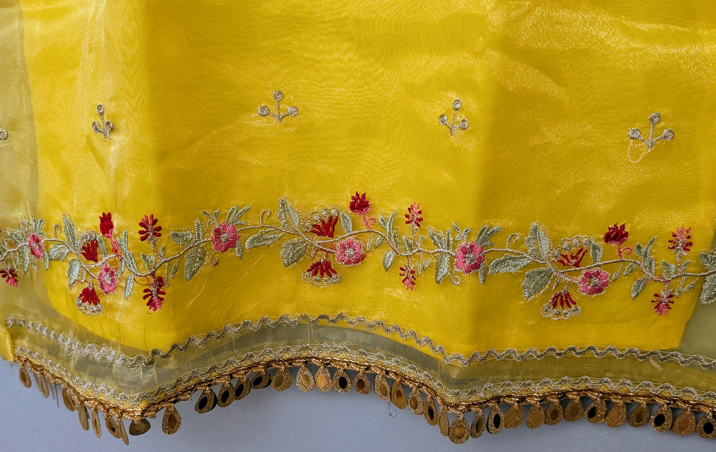 Girls yellow organza fully embroidered maxi with yellow silk trouser and gold dupatta