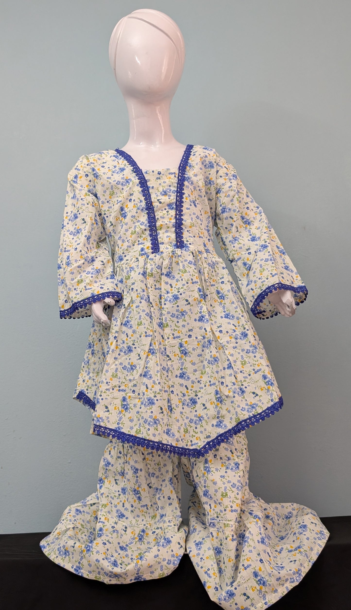Girls lawn floral summery peplum frock with gharara style pants and yellow dupatta