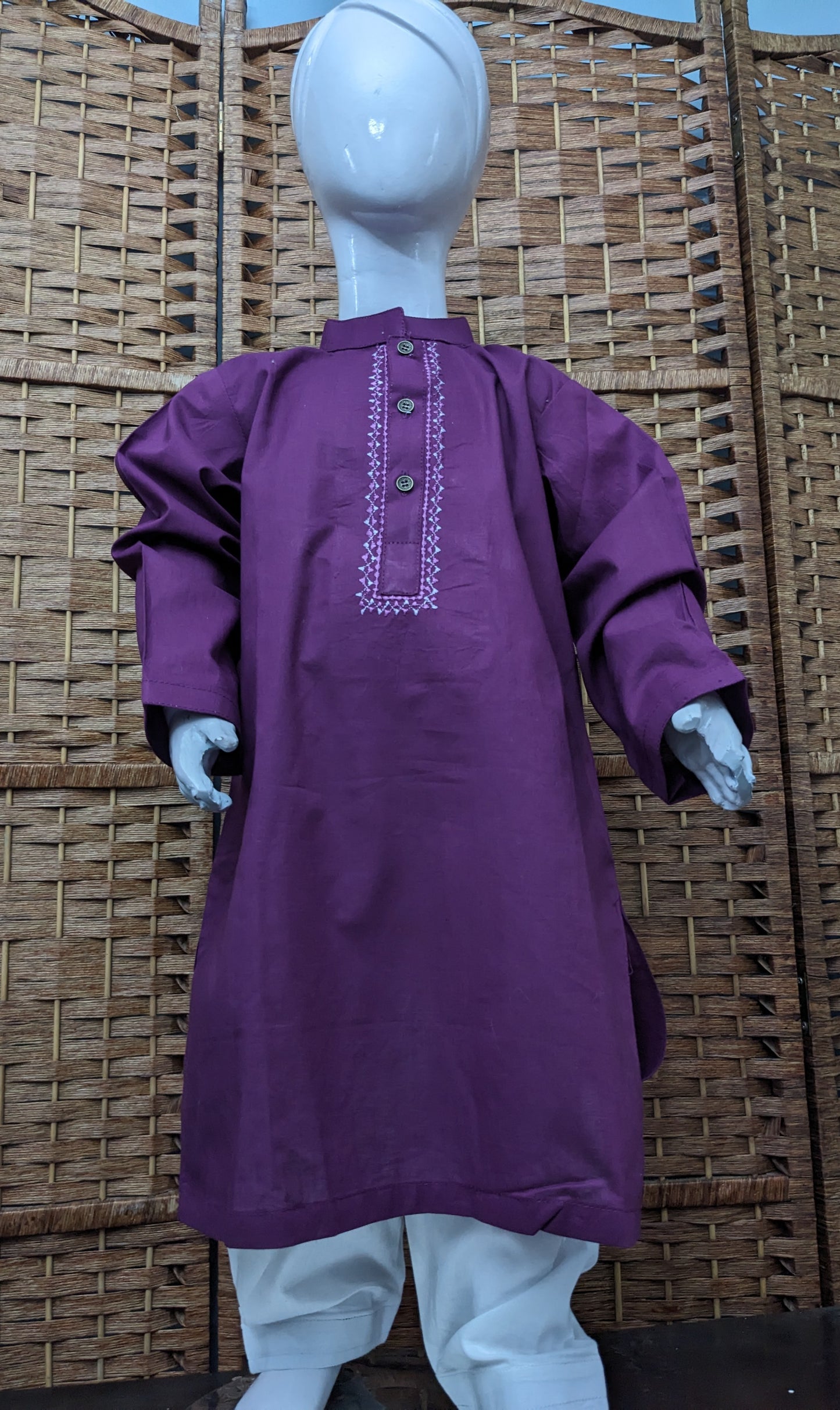 Boys purple embroidered cotton kurta with white trouser