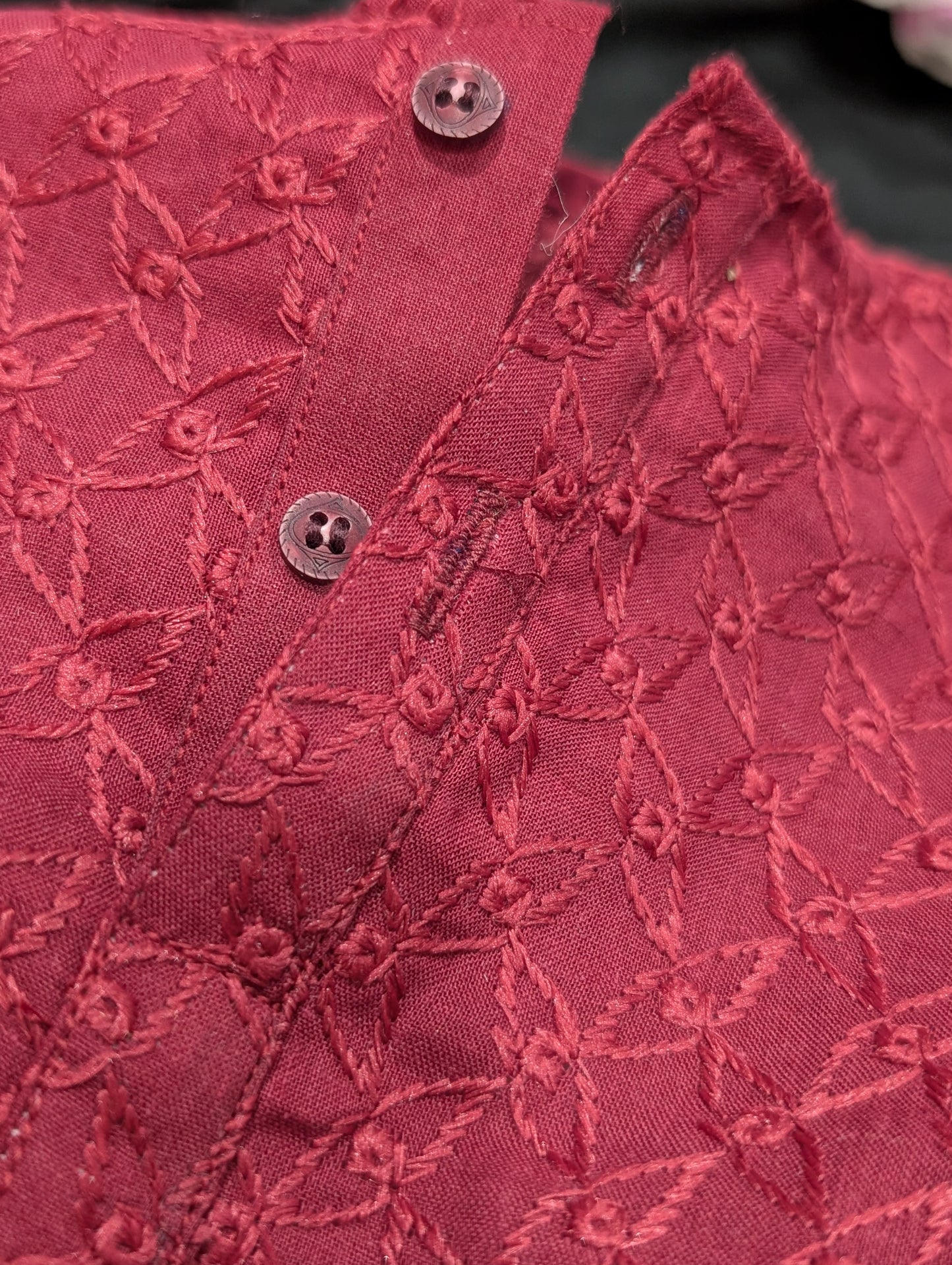 Boys' maroon chickenkari kurta with white pyjama