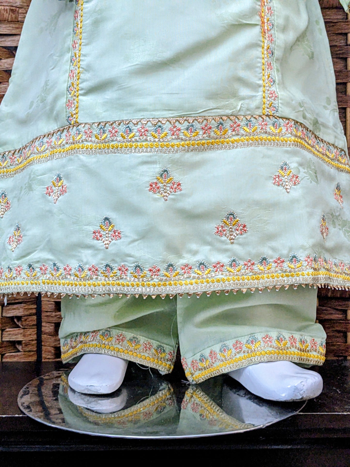 Girls seafoam green self print and fully embroidered cotton air line shirt with loose pants