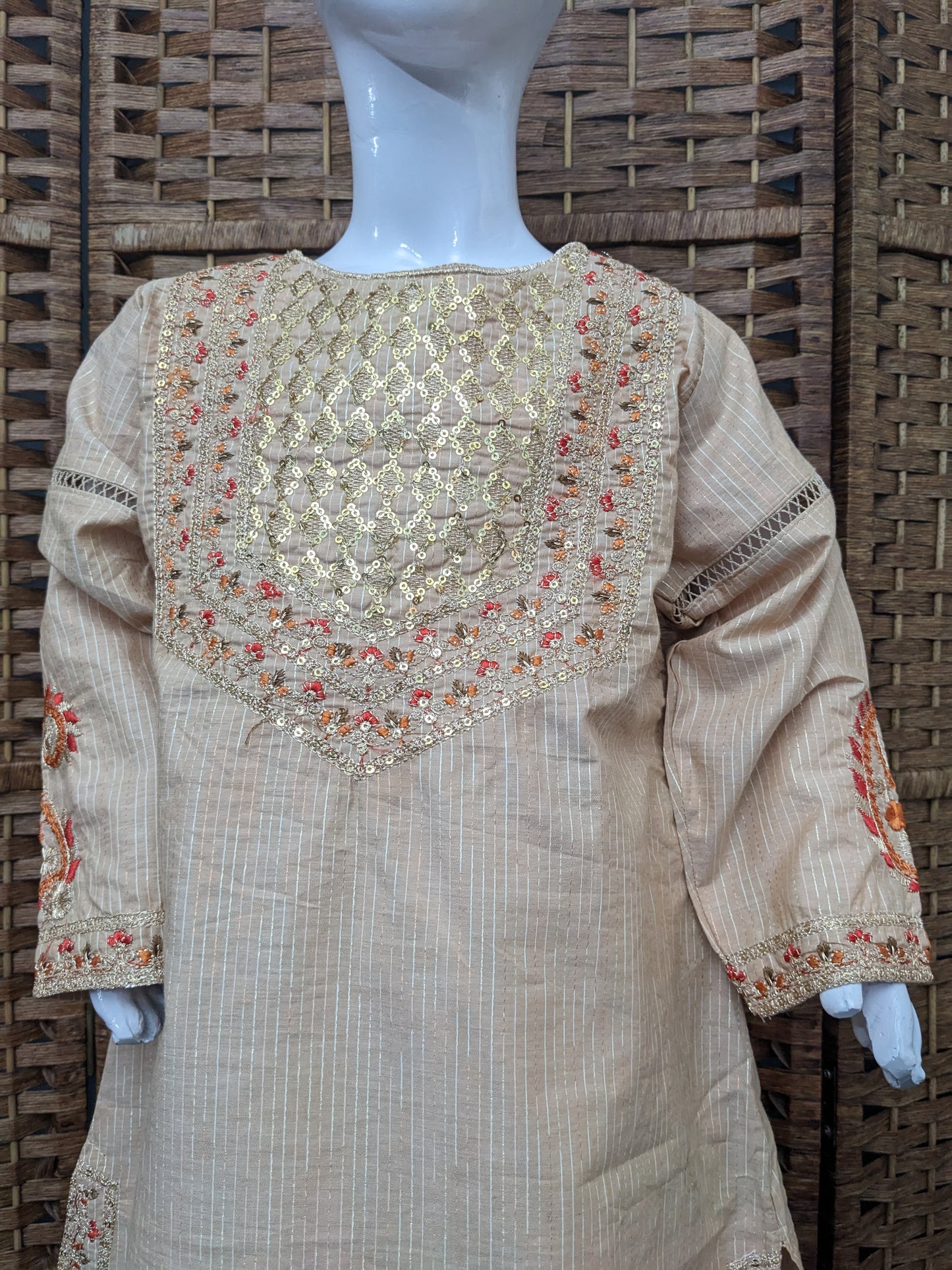 Girls beige fully embroidered kurta with shelwar