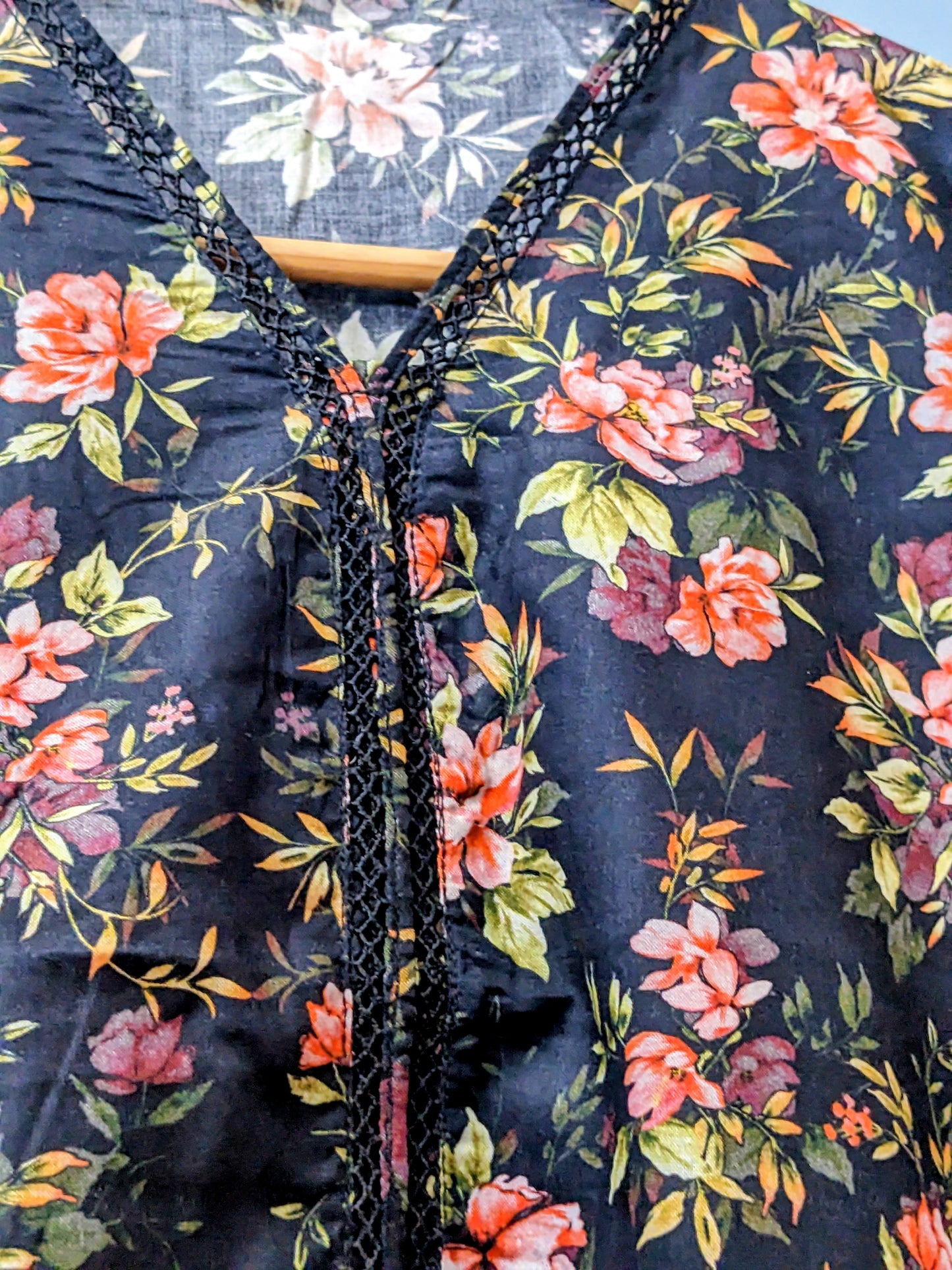 Girls black printed and embroidered linen shirt with matching trouser and dupatta