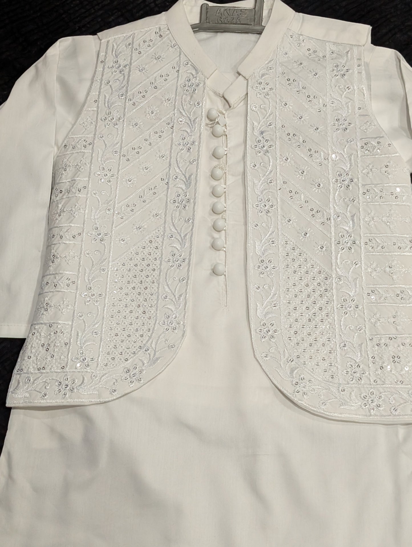 Boys white cotton kurta pyajama with sequence work matching Waistcoat