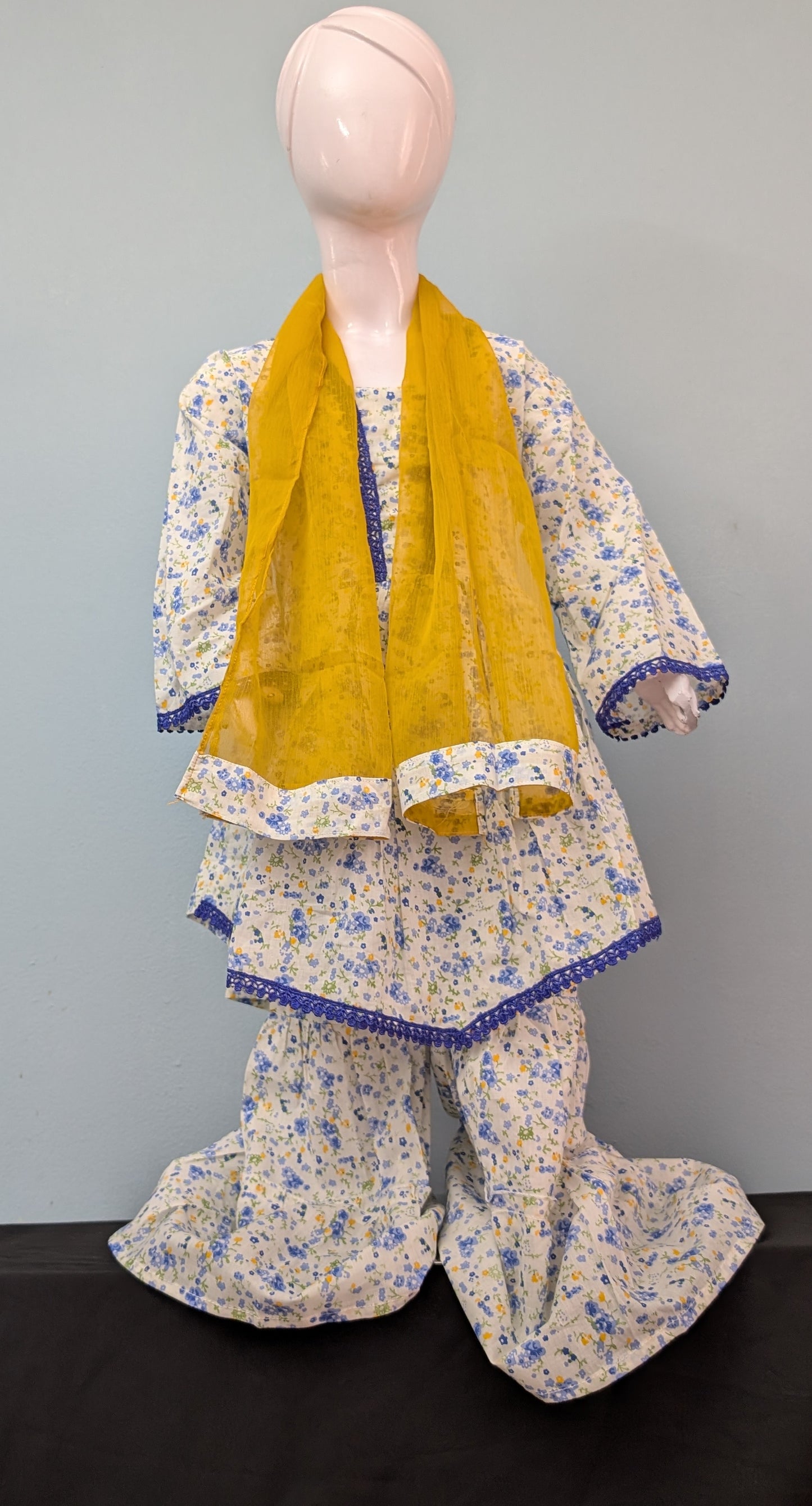 Girls lawn floral summery peplum frock with gharara style pants and yellow dupatta