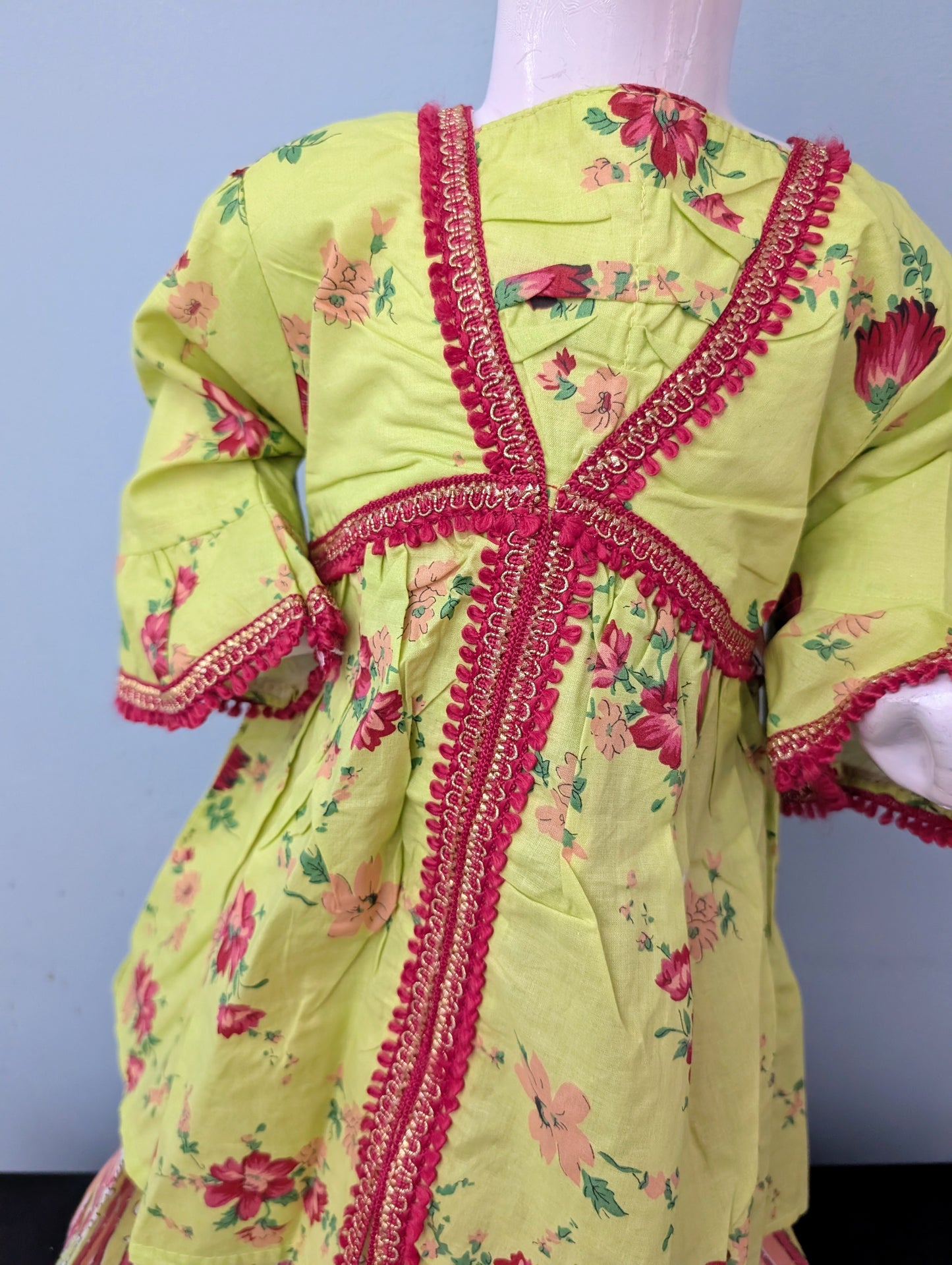 Girls light yellow printed and lace work cotton lawn frock with printed gharara style pants