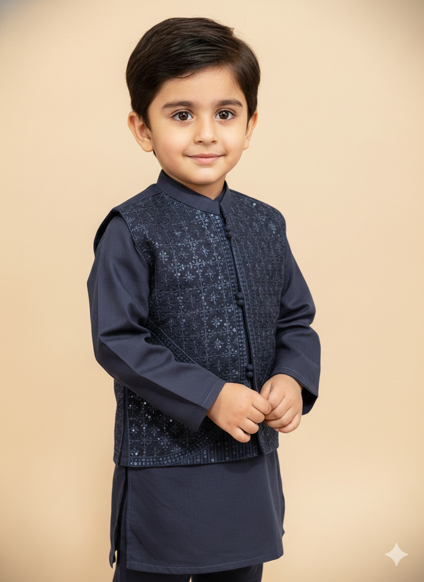 Boys' dusty blue kurta pyjama with a sequence work waistcoat