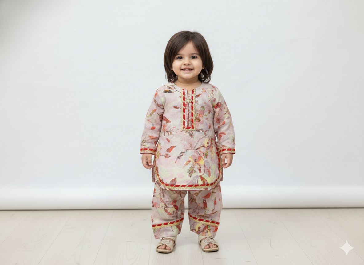 Girls' linen printed short shirt with fesrshi shelwar