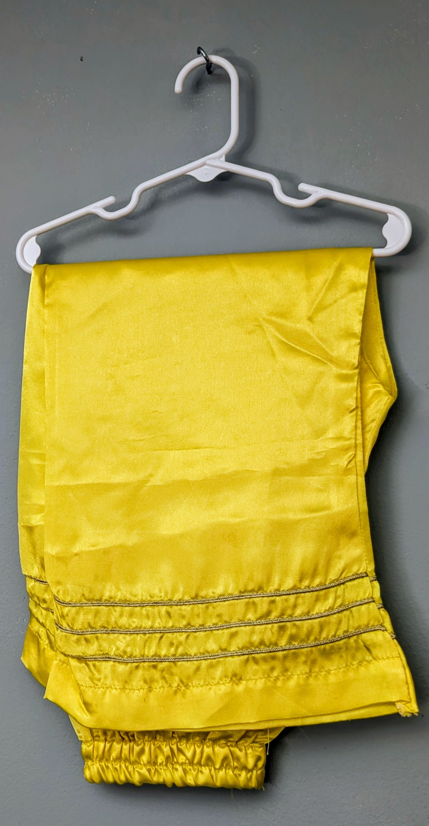 Girls yellow organza fully embroidered maxi with yellow silk trouser and gold dupatta