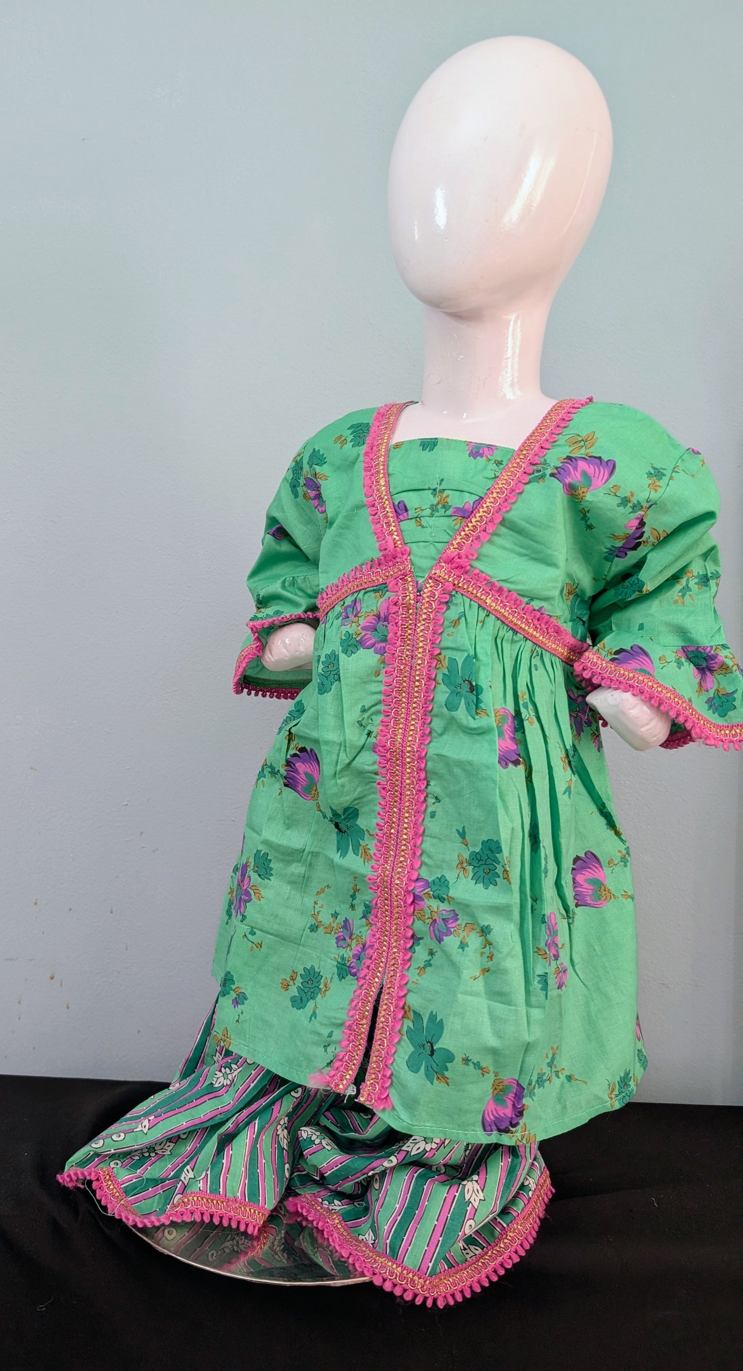 Girls' green printed and lace work cotton lawn frock with printed gharara style pants.