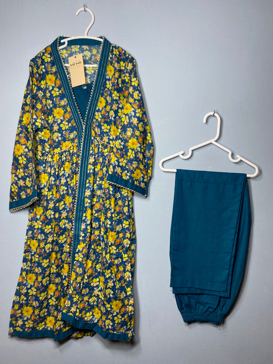 Beautiful lawn mix floral print front open style frock with mix and match cotton peacock blue trouser