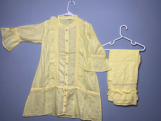 Beautiful light yellow self embroided front open style cotton shirt with matching lace work cotton trouser