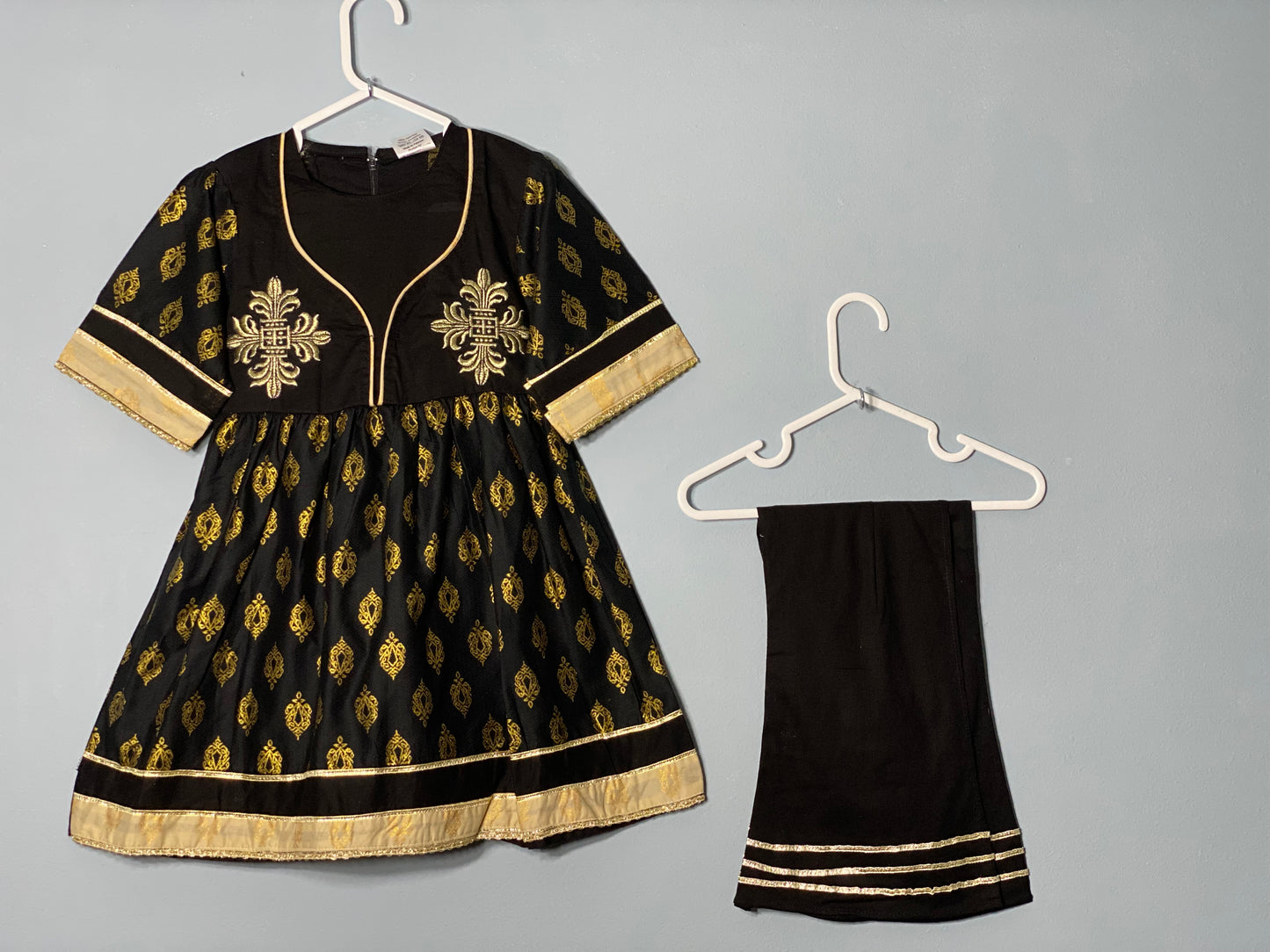 Lawn Black and gold embroided frock with black pants