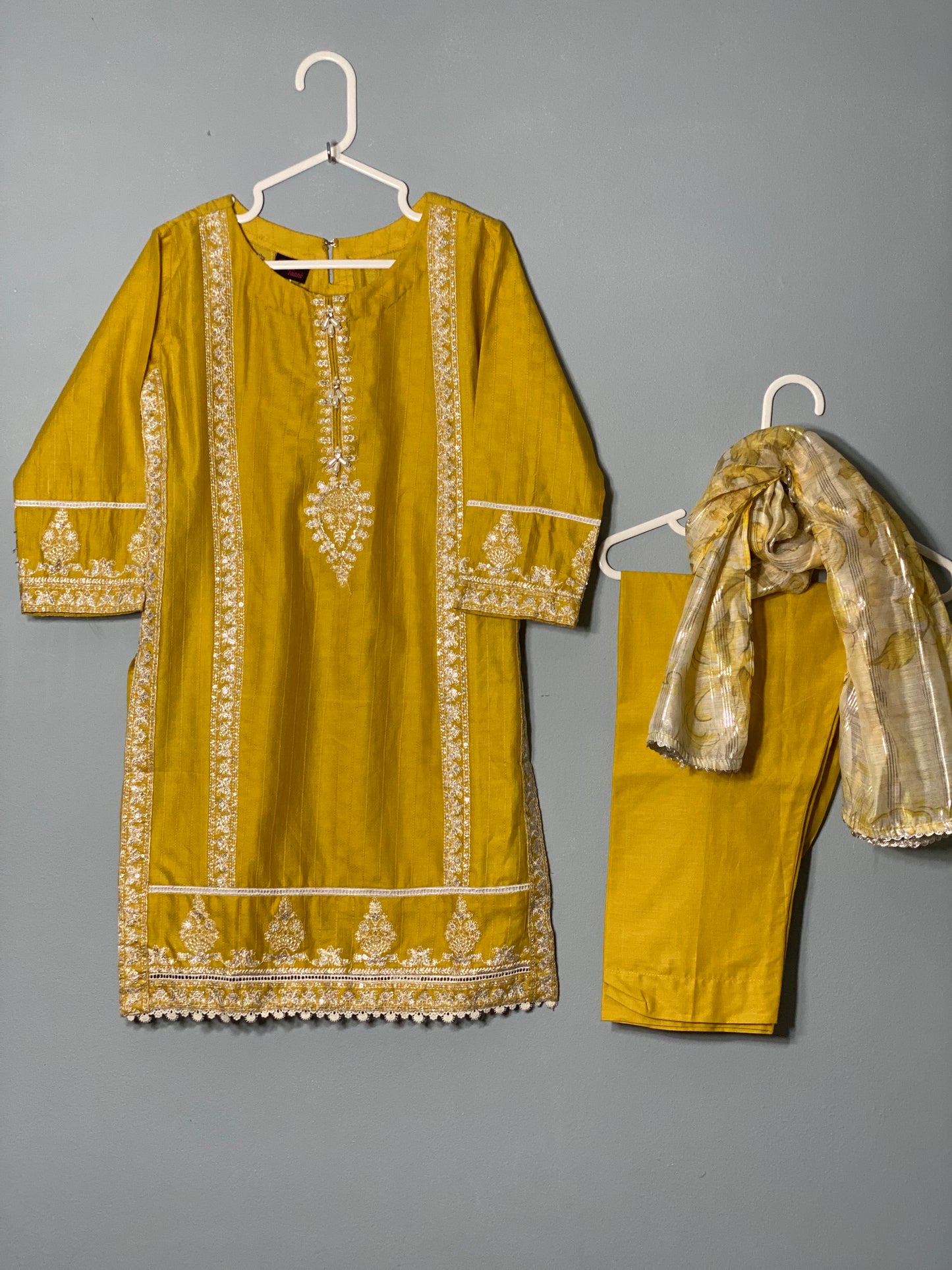 Beautiful mustard embroided Kurta with matching trouser and printed zari dupatta(lawn cotton)