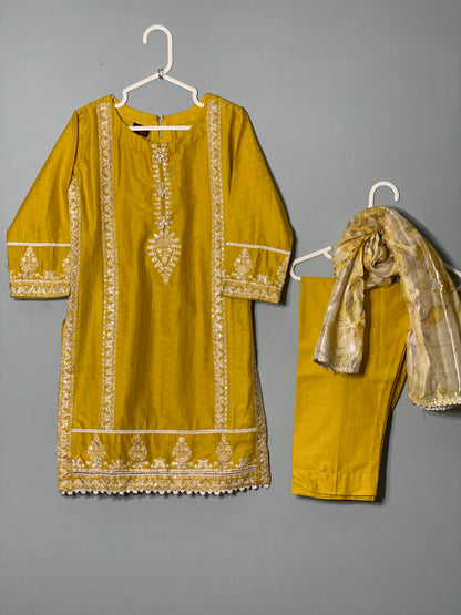 Beautiful mustard embroided Kurta with matching trouser and printed zari dupatta(lawn cotton)