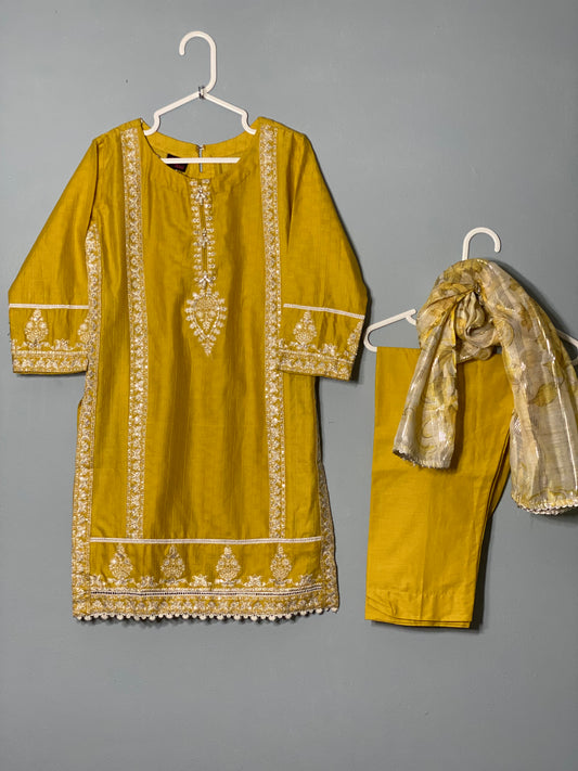 Beautiful mustard embroided Kurta with matching trouser and printed zari dupatta(lawn cotton)