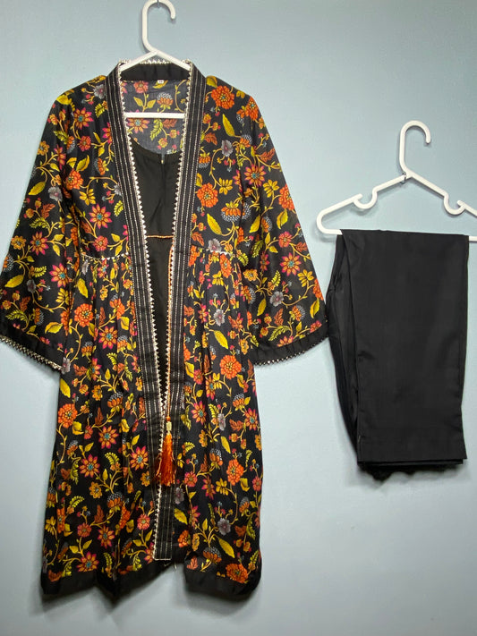 Beautiful lawn multi floral print front open style frock with mix and match black cotton trouser