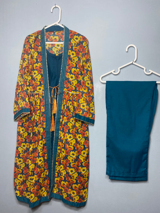 Beautiful lawn peacock blue and Floral front open style frock with mix and match peacock blue trouser