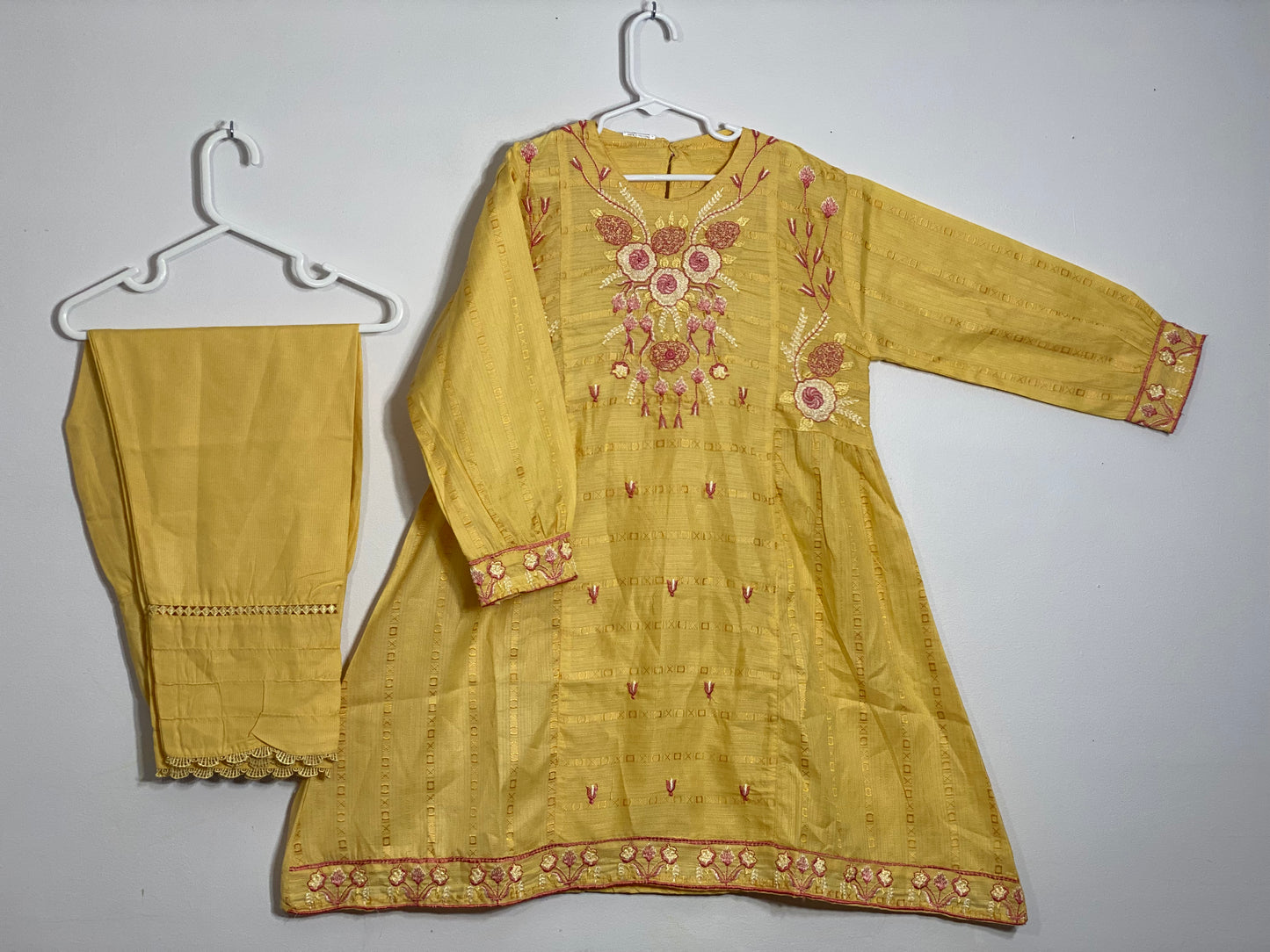 Yellow embroided cotton air line frock style shirt with matching lace work trouser