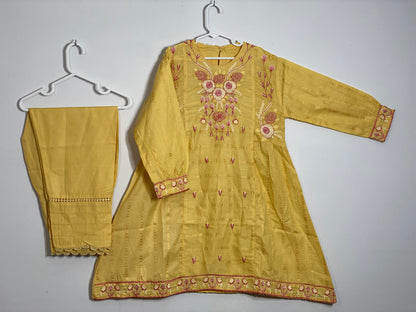 Yellow embroided cotton air line frock style shirt with matching lace work trouser