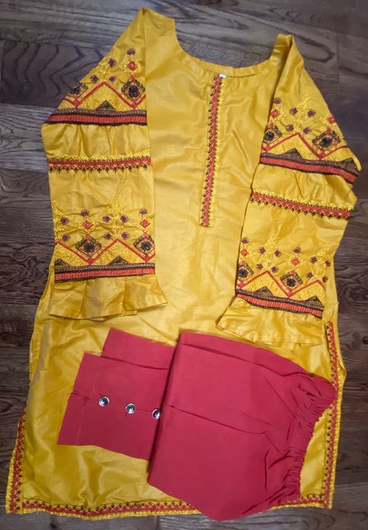 Yellow embroidered shirt with mix and match red trouser