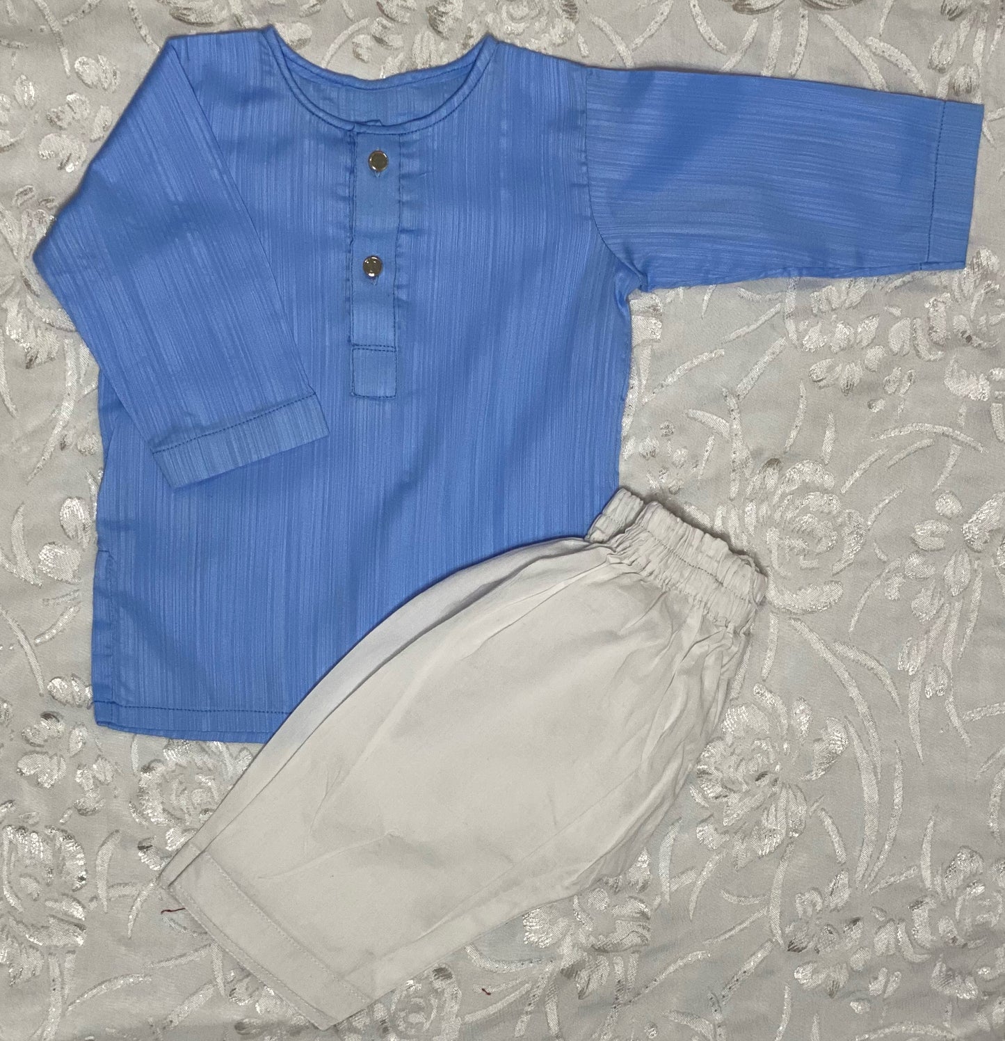 Blue cotton jacquard kurta with white shelwar