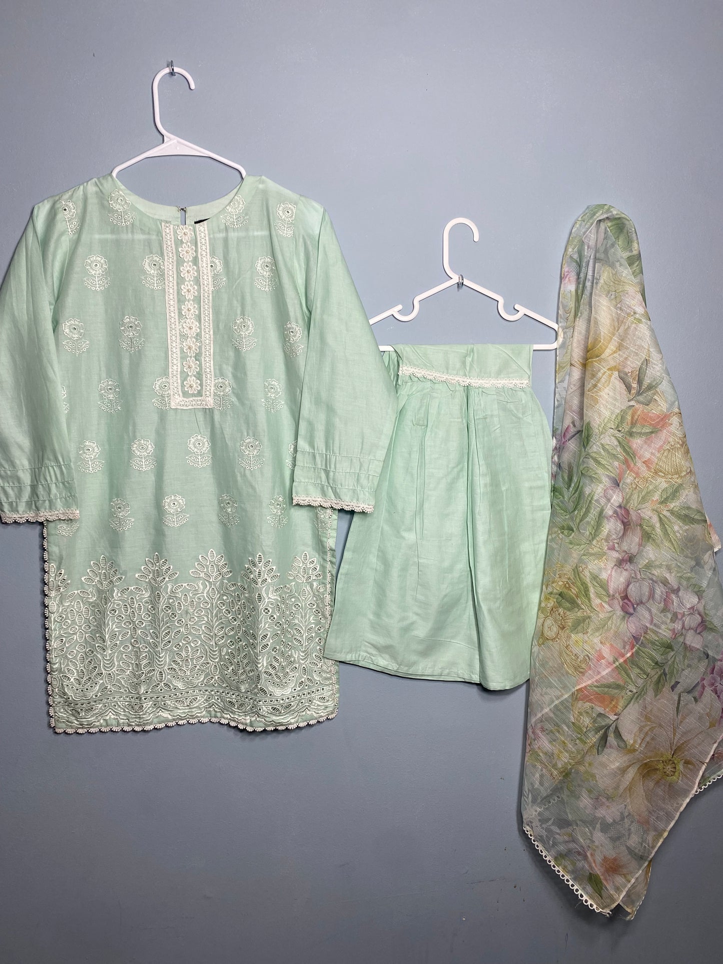 Beautiful Pale blue chicken Kari kurta with matching gharara and printed dupatta(lawn)