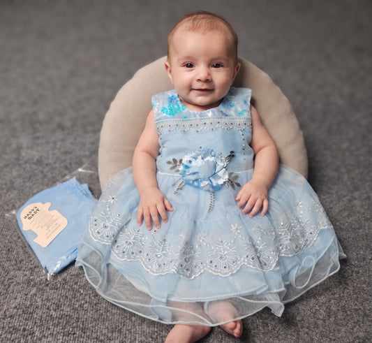 Baby Girl Floral Applique & Rhinestone Tulle Dress Set - Light Blue