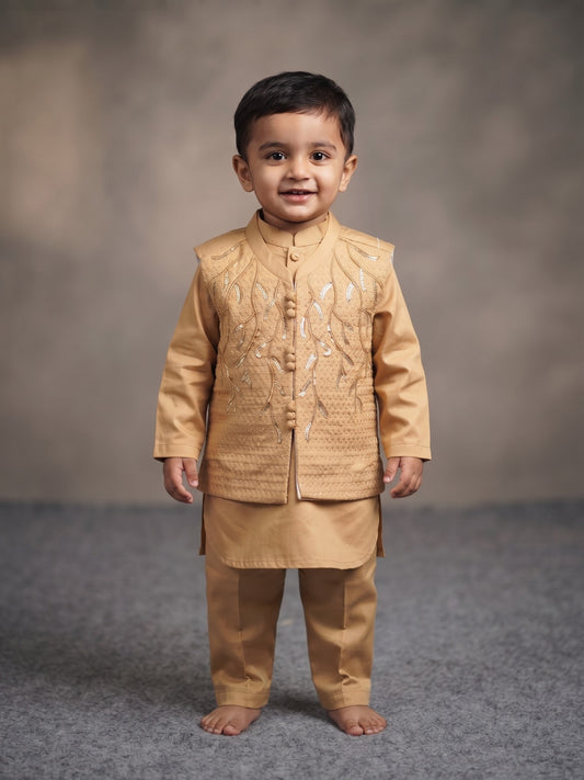 Boys Golden Ethnic Kurta, Waistcoat and shelwar Set