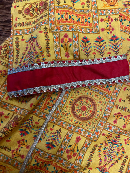 Yellow shirt with plain red trouser & red dupatta bordered with beads