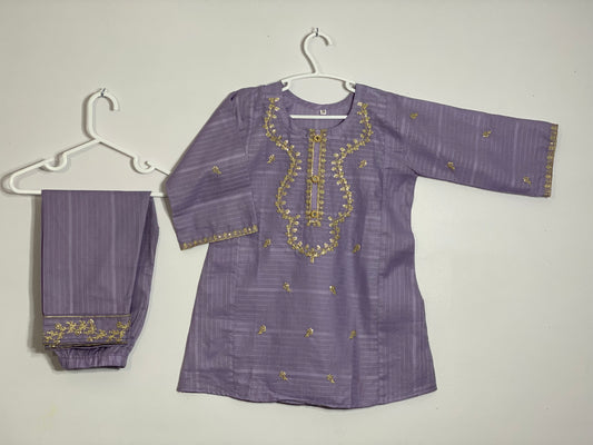 Lavender cotton kurta embroided with golden sequence work and matching trouser bodered with sequence work