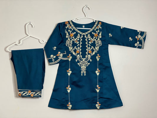 Dark tarquise cotton embroided airline kurta with matching trouser bordered with embroidery