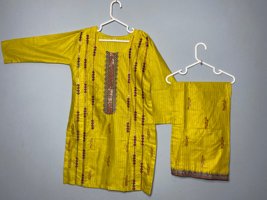Beautiful mustard Doria cotton embroided and sequins work kurta with matching embroided lose pants style trouser