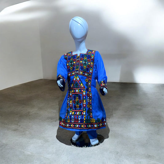 Blue  balochi embroidered Shafoon frock with trouser