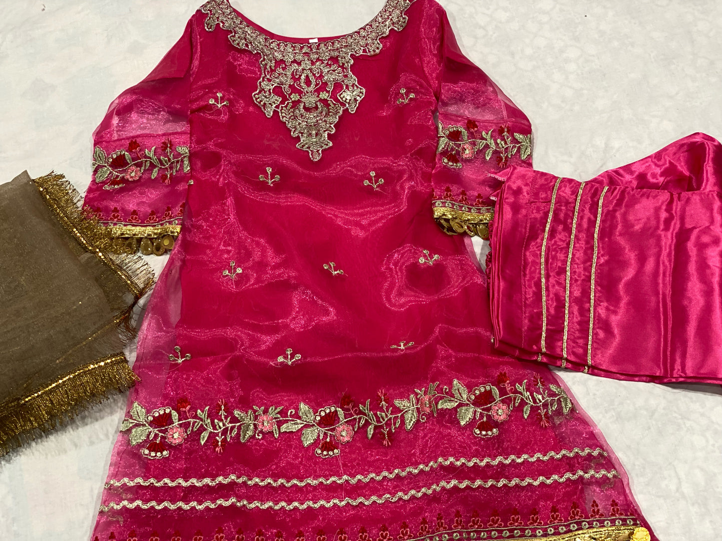 Girls fully embroided three piece raw silk Eid collection