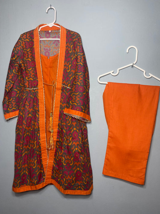 Beautiful lawn orange and multi colour printed front open style frock with mix and match orange cotton trouser