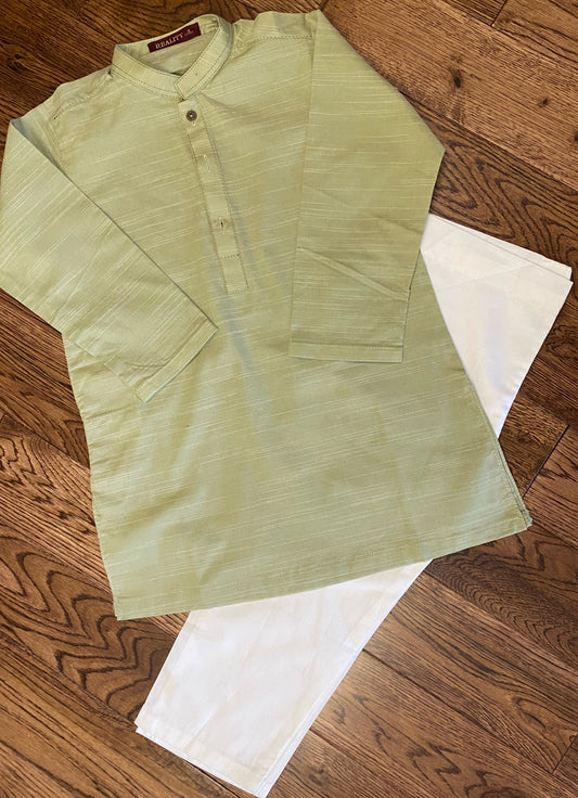 Light green pattern kurta with plain white pyjama
