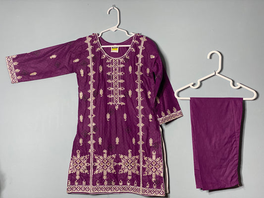 Purple embroided and sequins work lawn kurta with matching trouser