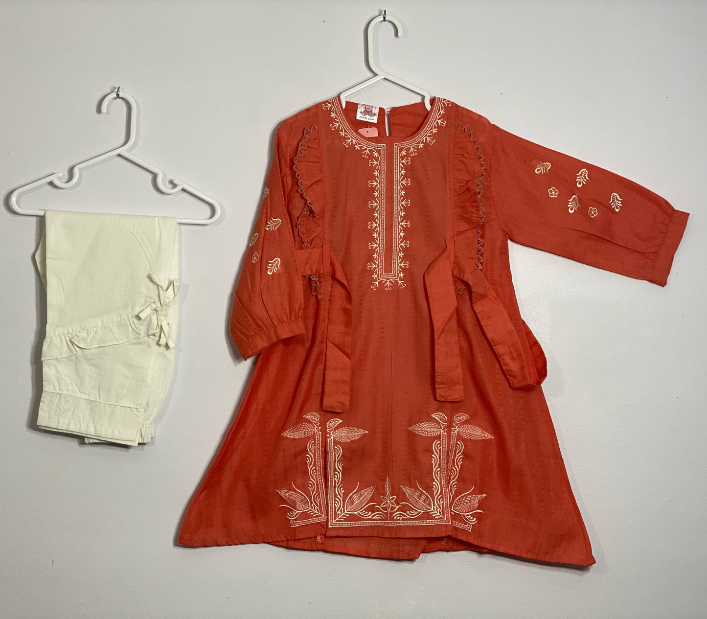 Red Orange soft cotton embroided frock style shirt with white stylist pants